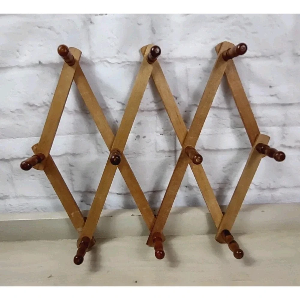 Vintage Wood Accordion Folding Peg Rack 10 Hook Expandable Wall Mug Hat Jewelry